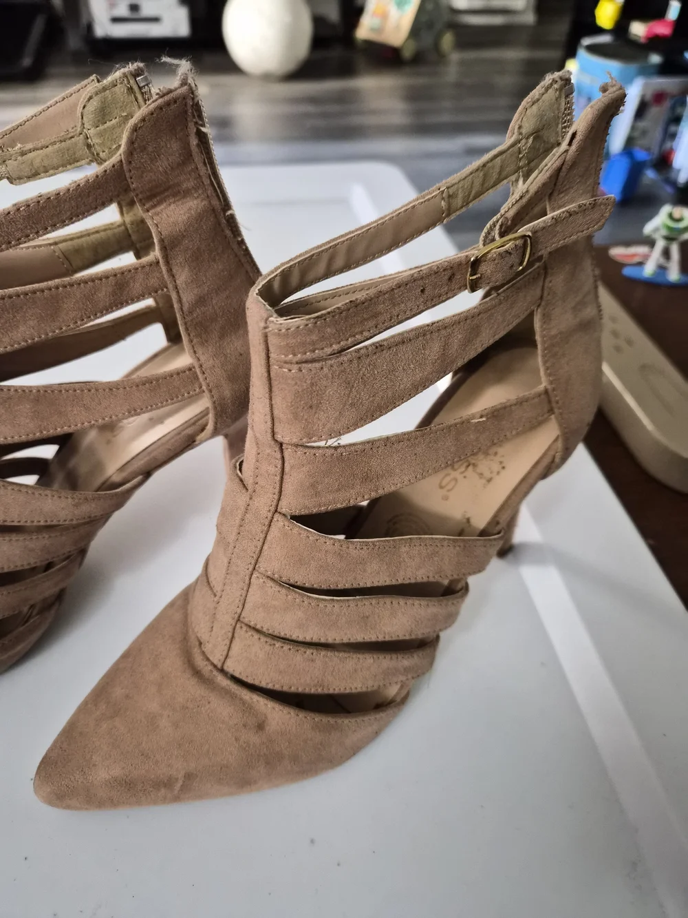 Strappy Pointed-Toe Suede Heels in Tan
